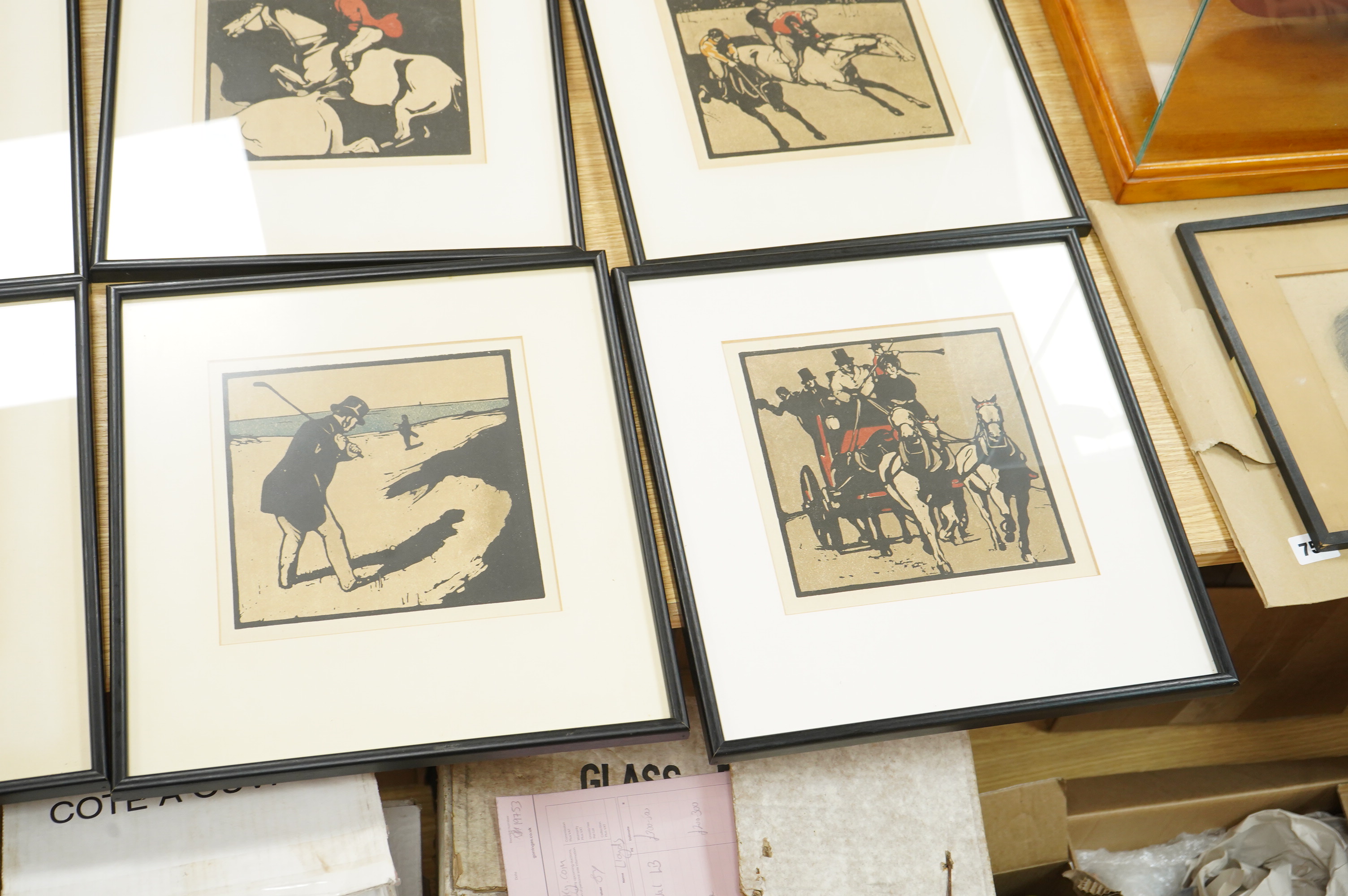 After Sir William Nicholson (1872-1949), twelve woodblock-style colour lithographs from ‘The Almanac of twelve sports’ / ‘The Sporting Calendar’, circa 1895, 22 x 22cm